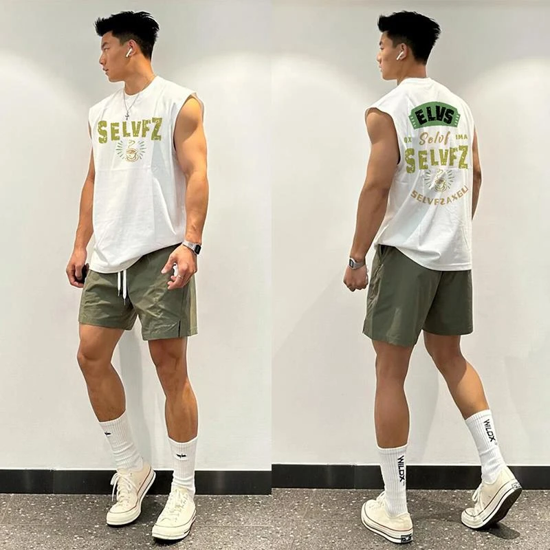 美式休闲宽松潮牌机车风印花背心男夏季纯棉篮球运动白色上衣无袖