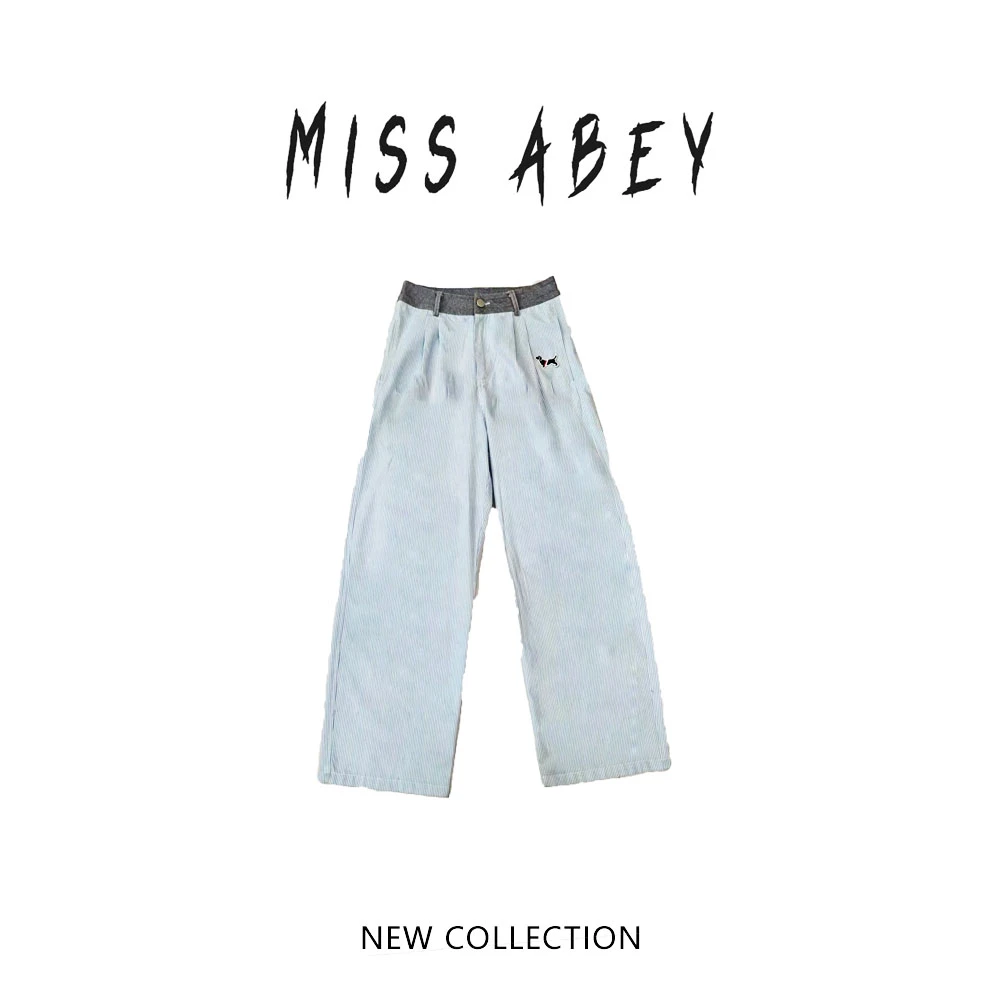 杉姐自营店 “小清新”2025新款蓝条纹亚麻拼接牛仔裤裤子MM0090KZ