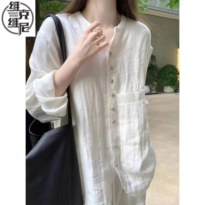 白色高端女麻长袖衬衫女士春夏2025新款宽松显瘦品质衬衣防晒上衣
