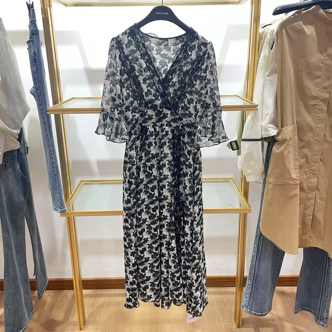 长裙夏季碎花X型裙连衣裙女装宽松收腰中长款潮流印花GB957270