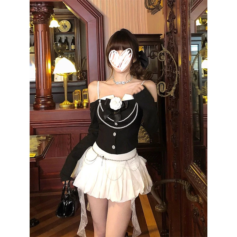 纯欲一字肩高级感长袖法式T恤女2025年春秋新款收腰显瘦黑色上衣