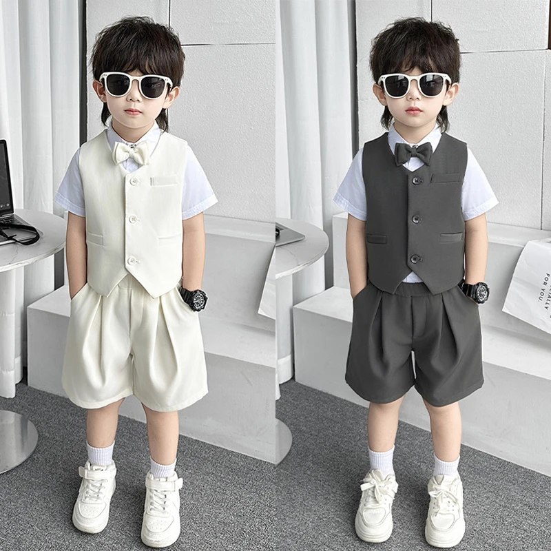 夏款儿童西装套装男孩小主持人礼服花童婚礼服帅气男童纯色小西装