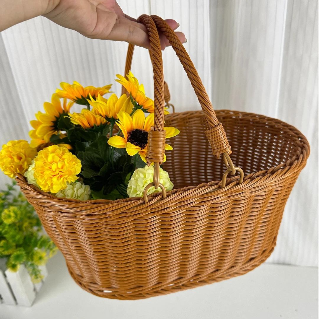 T4【热销爆款】椭圆形双带活耳手提篮仿藤手工户外家用超市购物买菜