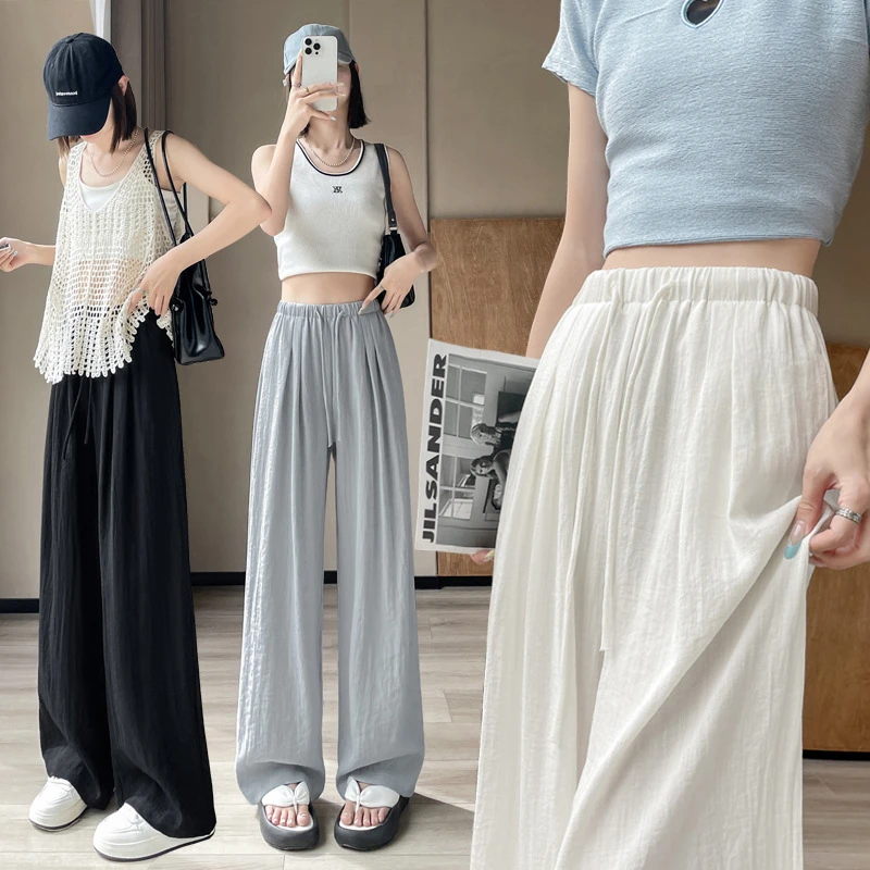 夏季慵懒松弛棉麻阔腿裤女2025年白色亚麻裤子薄款松紧腰休闲拖地