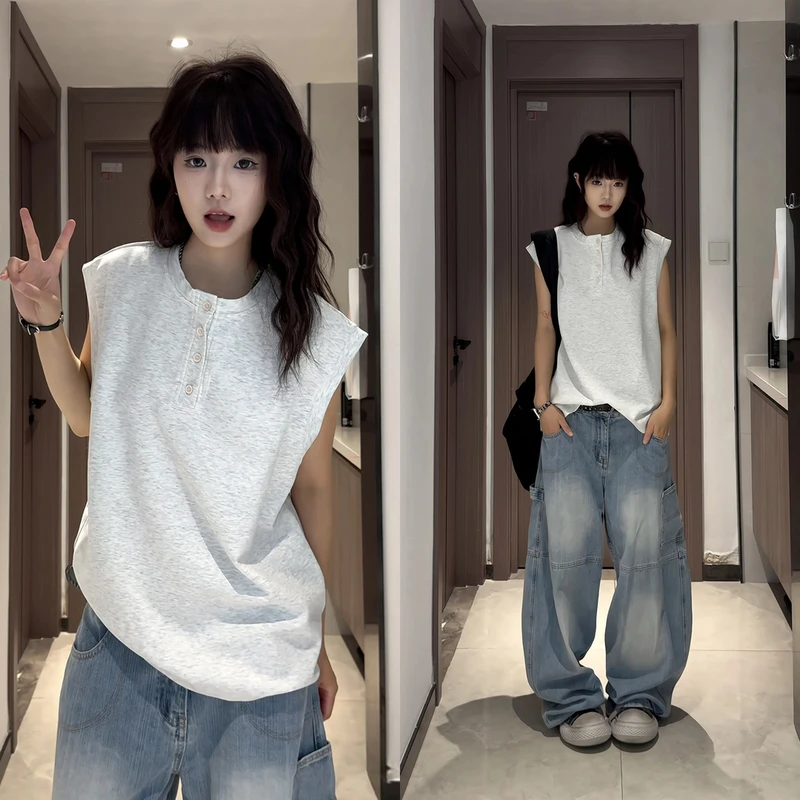 曼巴棉亨利领背心男夏薄款复古美式潮牌运动坎肩大码凉感无袖t恤