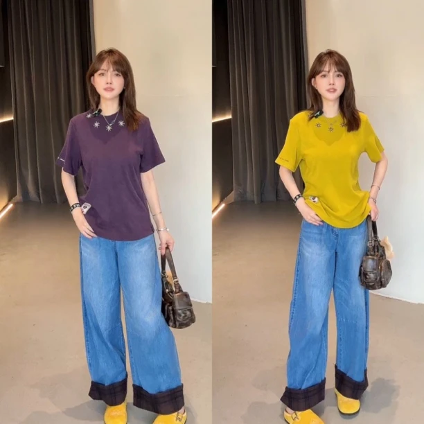 FAFAMOON 休闲刺绣装饰正肩短袖T恤