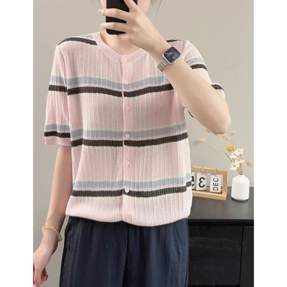 莱赛尔亚麻混纺 条纹拼接圆领单排扣真开衫短袖春夏新款