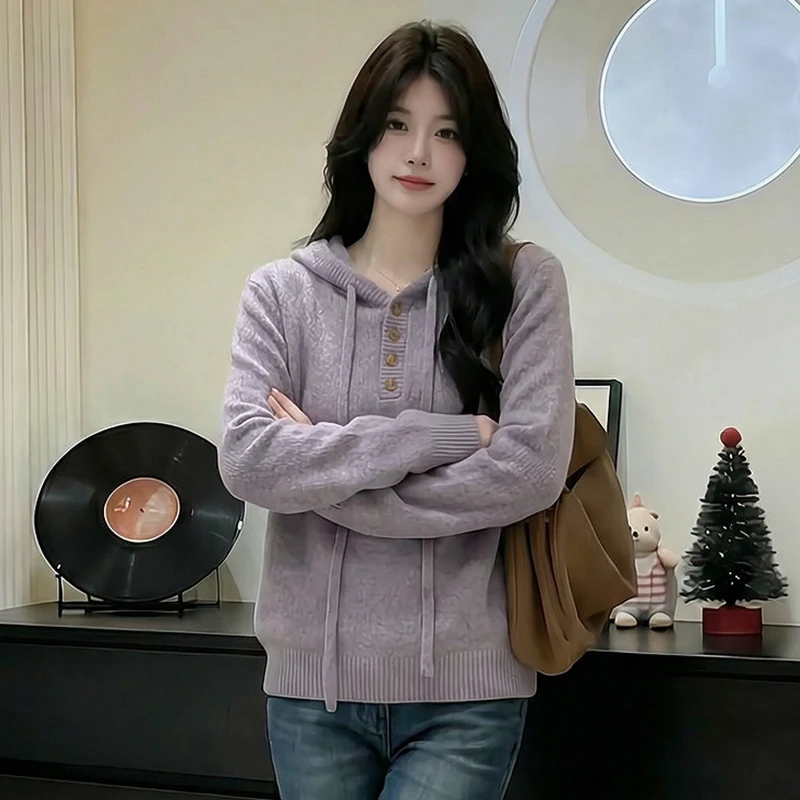 大码胖mm巨好看紫色半开扣连帽毛衣女秋冬季慵懒风宽松针织衫上衣