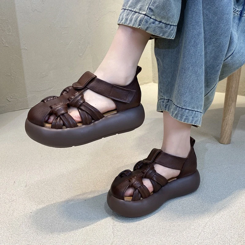 胶粘魔术贴复古包头纯色时装凉鞋厚底软底松糕鞋舒适妞68-2080