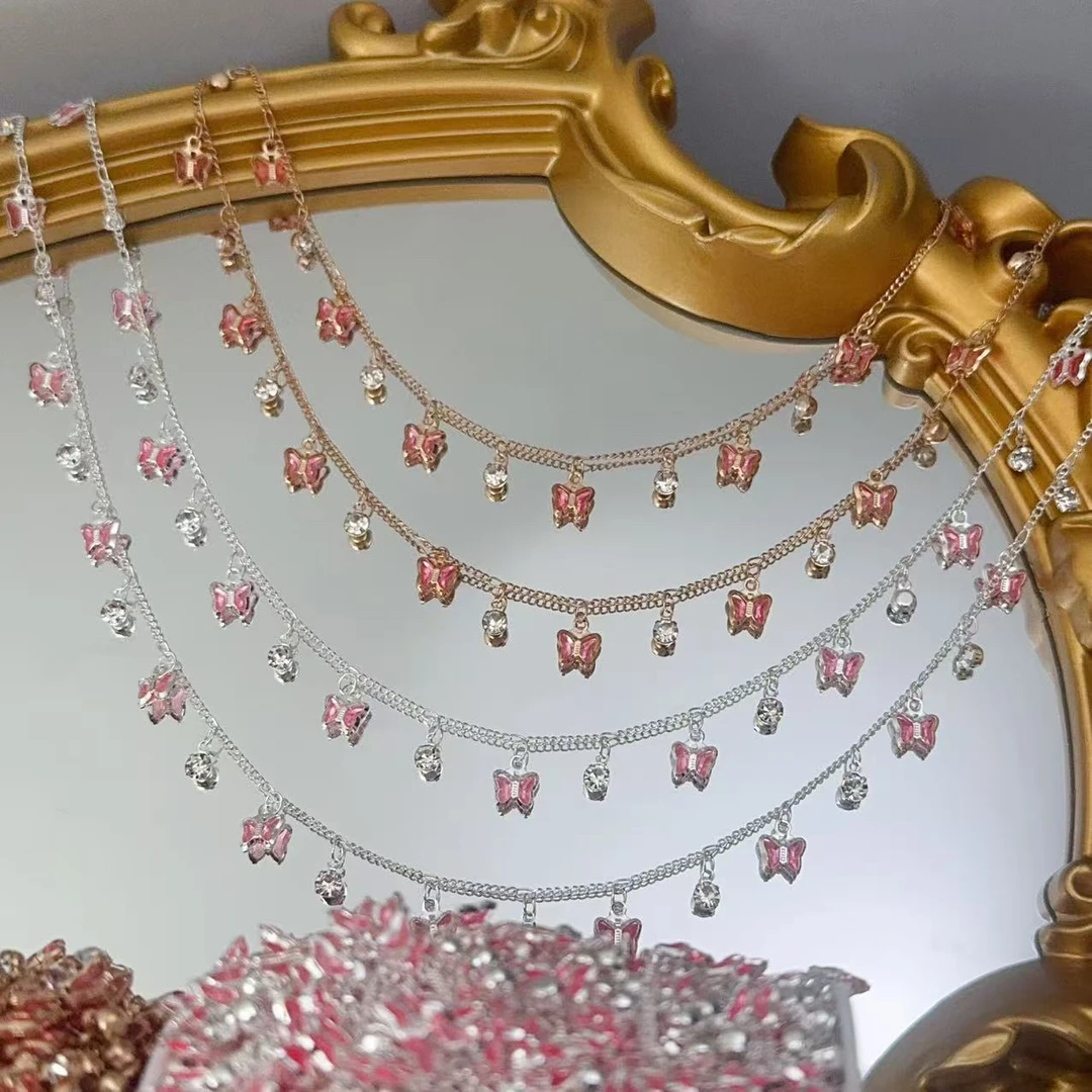 亮银色粉色蝴蝶 编号363 百搭链条