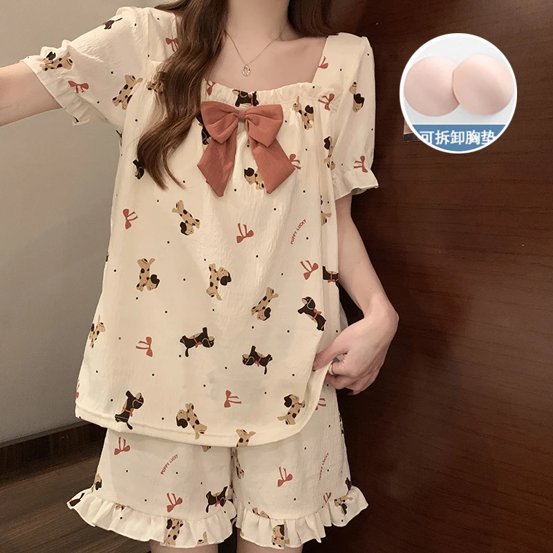 MAIYALUO睡衣女夏季带胸垫云朵棉短袖可爱卡通蝴少女胸垫云朵睡衣