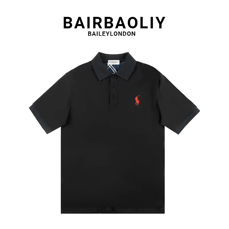 BAIRBAOLIY刺绣小马胸标格纹领口修身版POLO衫短袖休闲简约男装
