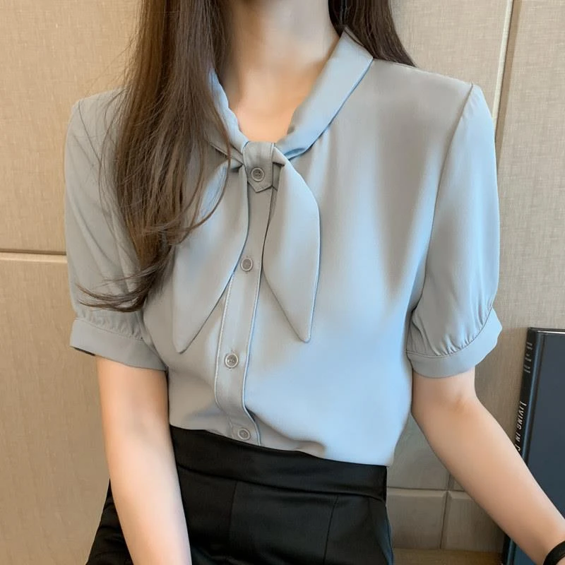 职业雪纺衬衫女短袖夏季薄款蝴蝶结气质工作服时尚洋气正装白衬衣