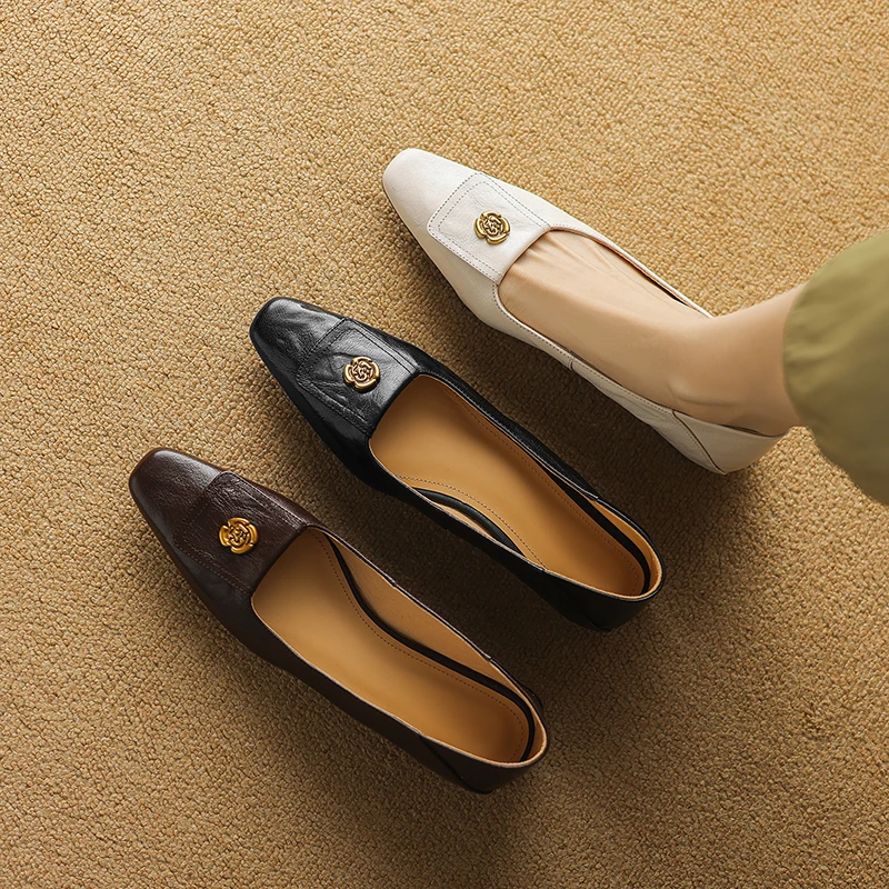 2CM，头层羊皮罗马风粗跟女单鞋平底春秋软底复古通勤鞋法式休闲鞋