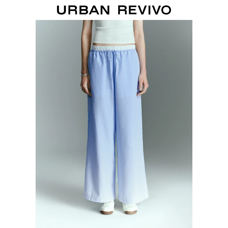 UR2025春季新款女装欧若风撞色格纹拼接松紧腰阔腿裤UYU650026