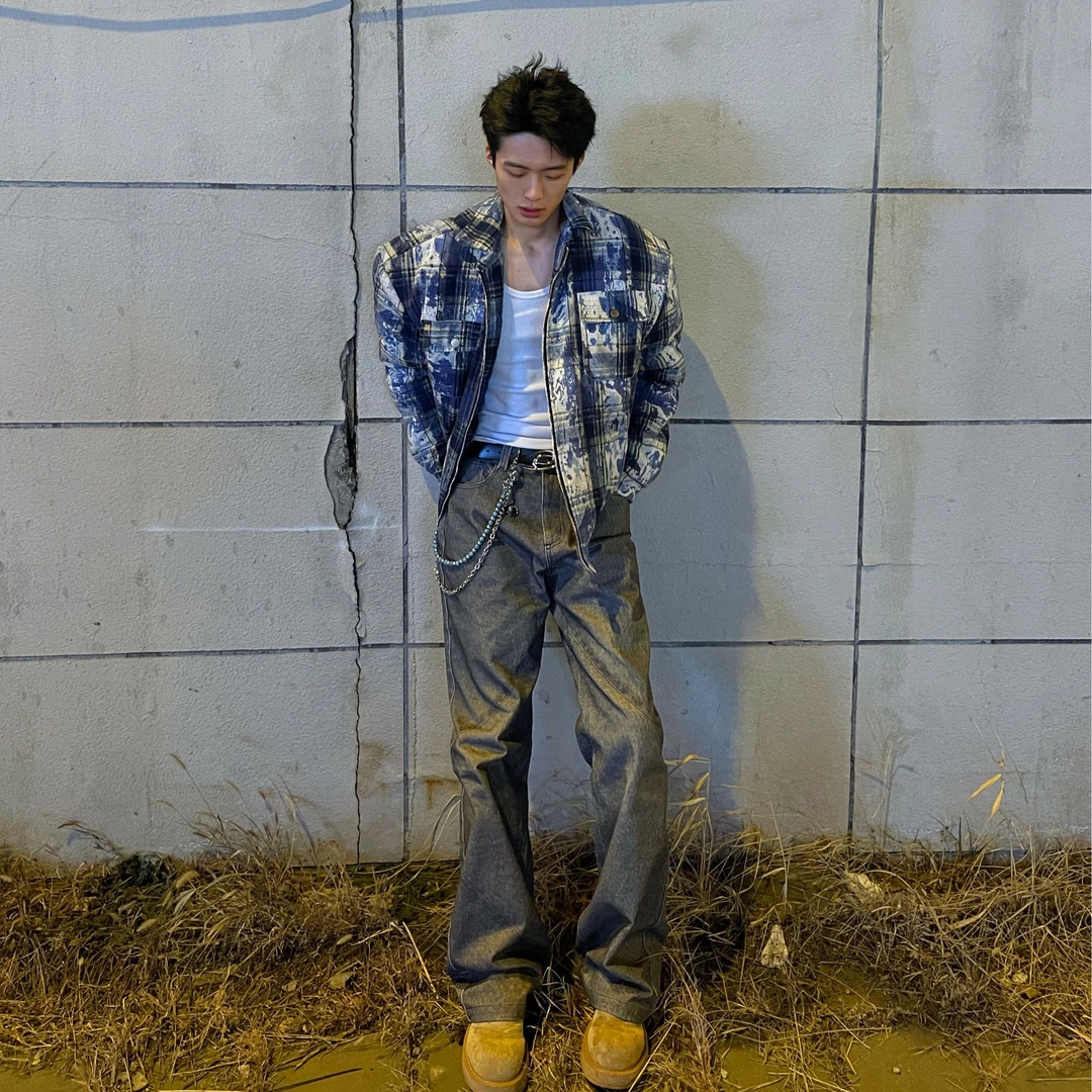 9RICH 24SS 【3D打印重磅牛仔】2021M堆积感金属牛仔裤宽松微喇长裤