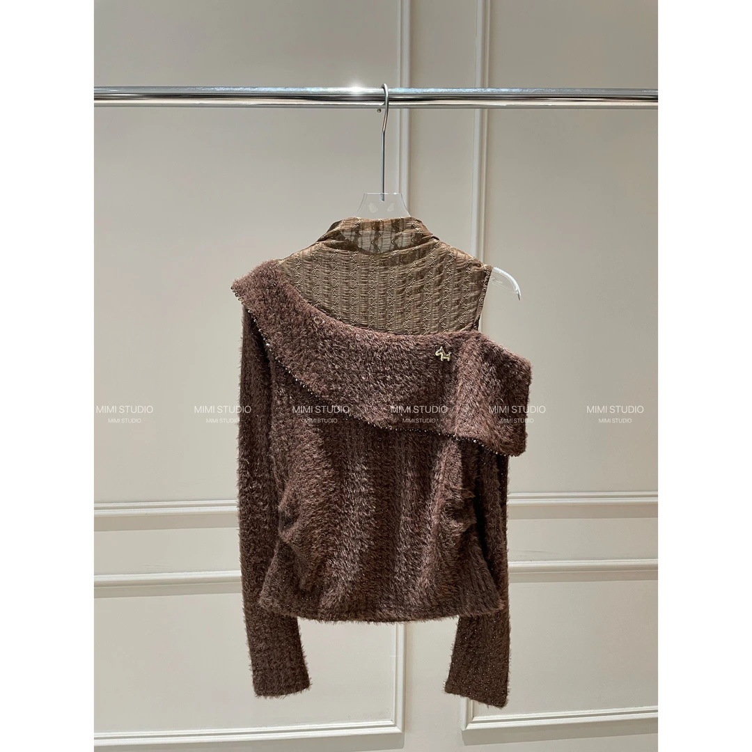 2025新款长袖 法式露肩蕾丝拼接镶钻细闪设计长袖T恤女上衣891#