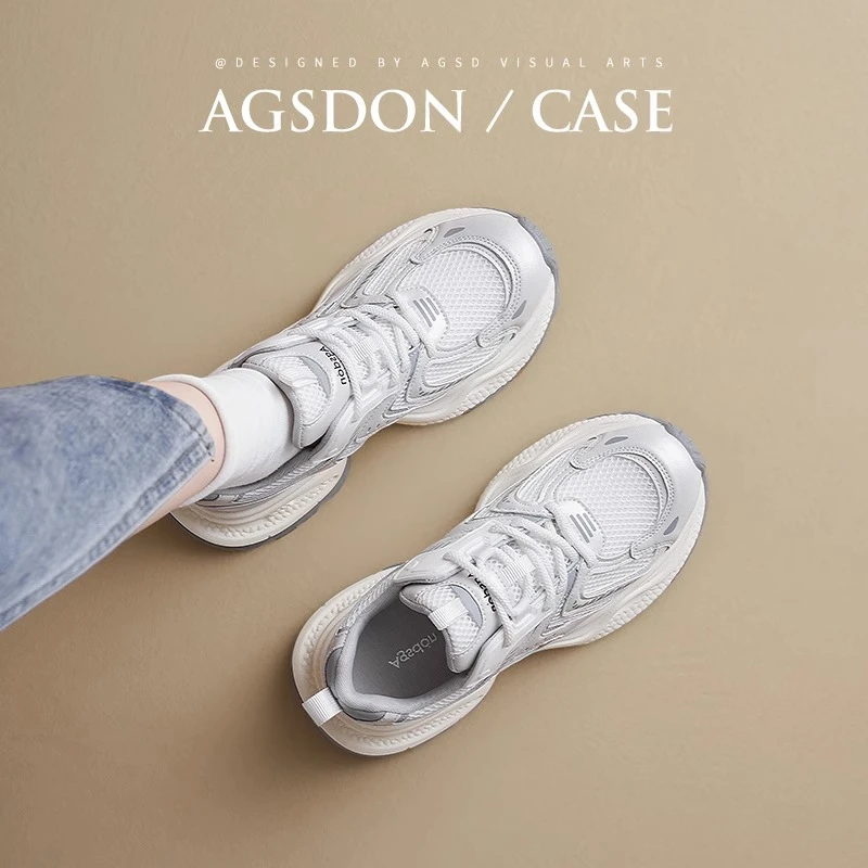 奥古狮登厚底老爹鞋女款2025新款春季白色透气时尚休闲运动鞋H