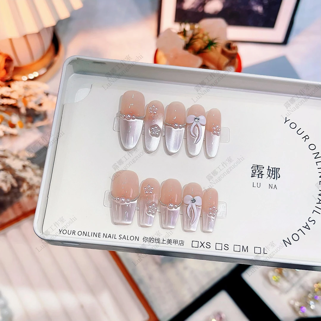 【月光之恋】纯手工穿戴甲气质款光疗美甲可拆卸贴片10片装