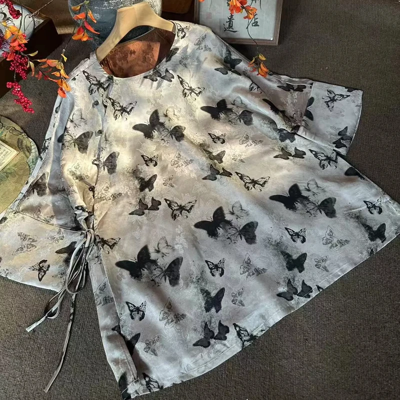 夏季新款新中式国风宽松显瘦墨韵梦幻蝶影圆领上衣