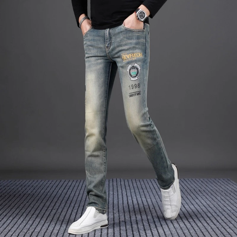 复古牛仔裤潮牌高端刺绣2025秋冬修身小脚休闲水洗弹力男士裤子潮