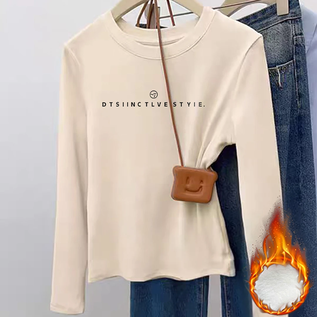 婳娇德绒加厚长袖T恤女新款宽松圆领字母减龄百搭秋冬季休闲上衣