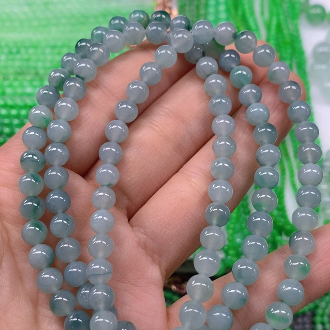 翡翠颈饰未镶嵌冰种飘蓝绿花项链6.5m' m