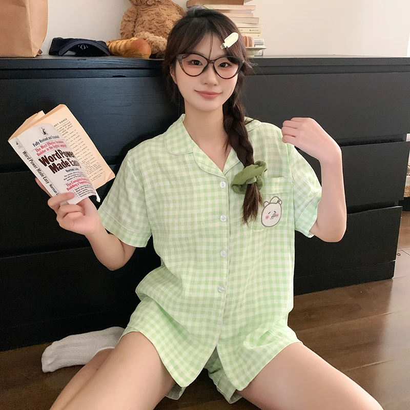 自嘲熊卡通爽肤云朵棉睡衣女士套装夏季短袖三件套开衫甜美家居