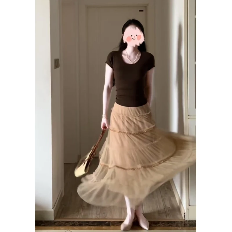 2025夏季新款温柔风圆领正肩短袖T恤气质高腰法式半身裙两件套女