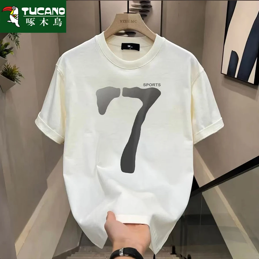 啄木鸟夏季男士纯棉短袖t恤男潮流宽松圆领百搭印花大码全棉半袖