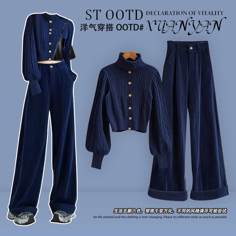 大码胖mm巨显瘦套装藏蓝色高领毛衣灯芯绒阔腿休闲裤两件套女