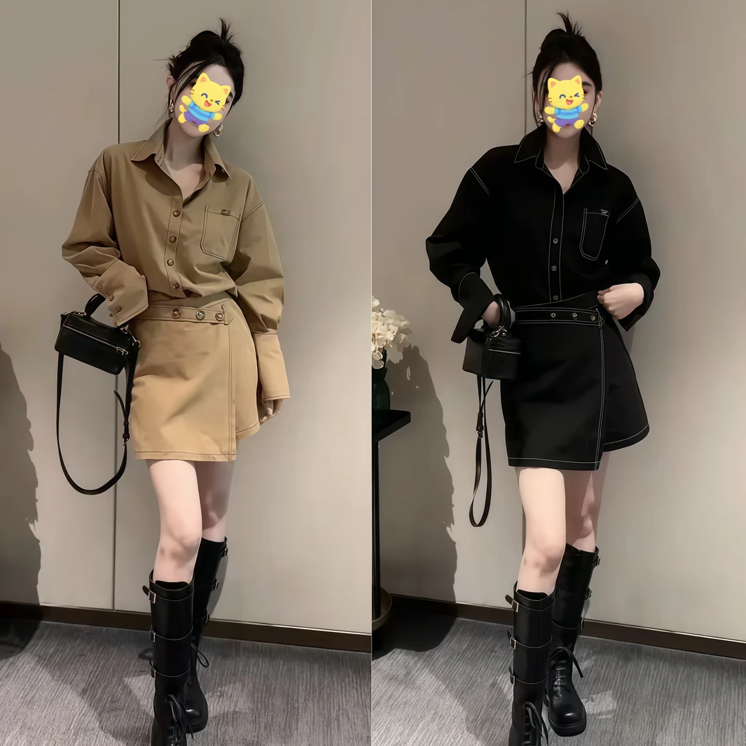 复古港风2025秋季新款时尚长袖牛仔外套+不规则高腰半身裙裤两件