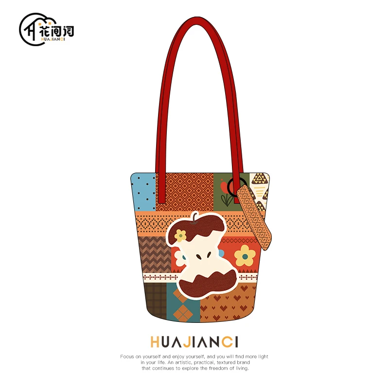 花间词苹果水桶包插画印花百搭时尚单肩便携包可斜挎加长帆布包