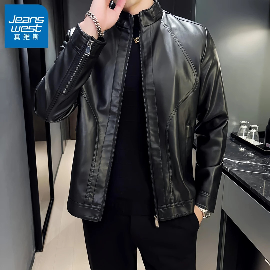 真维斯Jeanswest/痞帅男士休闲皮衣帅气PU皮外套春秋装韩版皮夹克