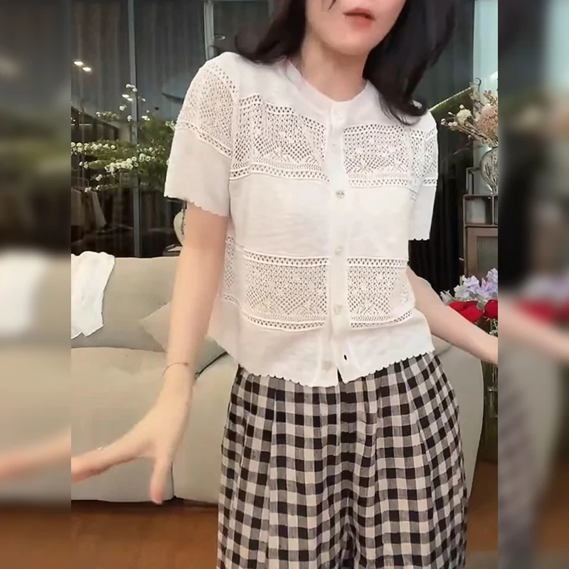 2025夏季新款时髦百搭休闲镂空针织衫女气质漂亮通勤拼接简约上衣