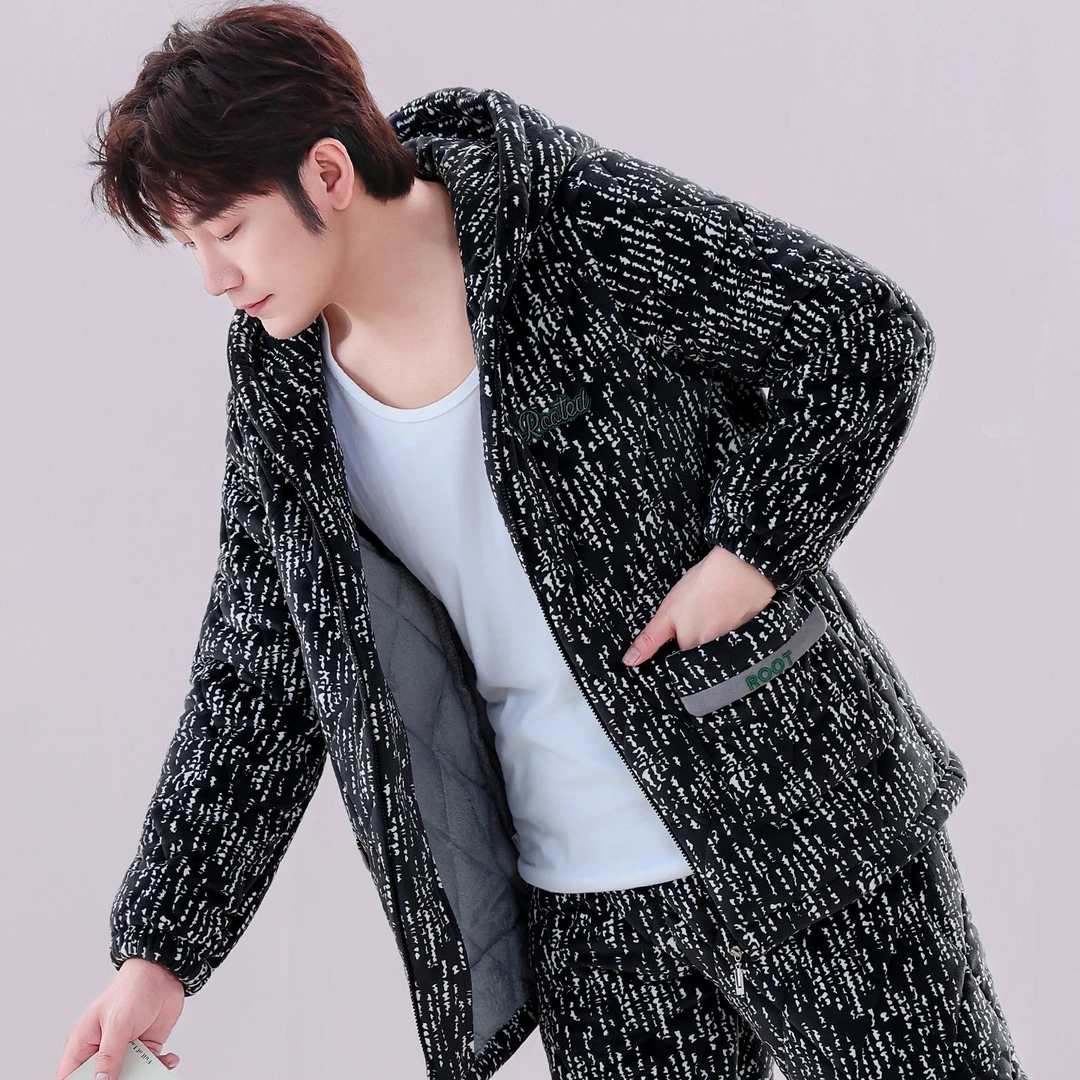 睡衣冬季三层夹棉加厚加绒男士珊瑚保暖海岛绒家居服可外套装