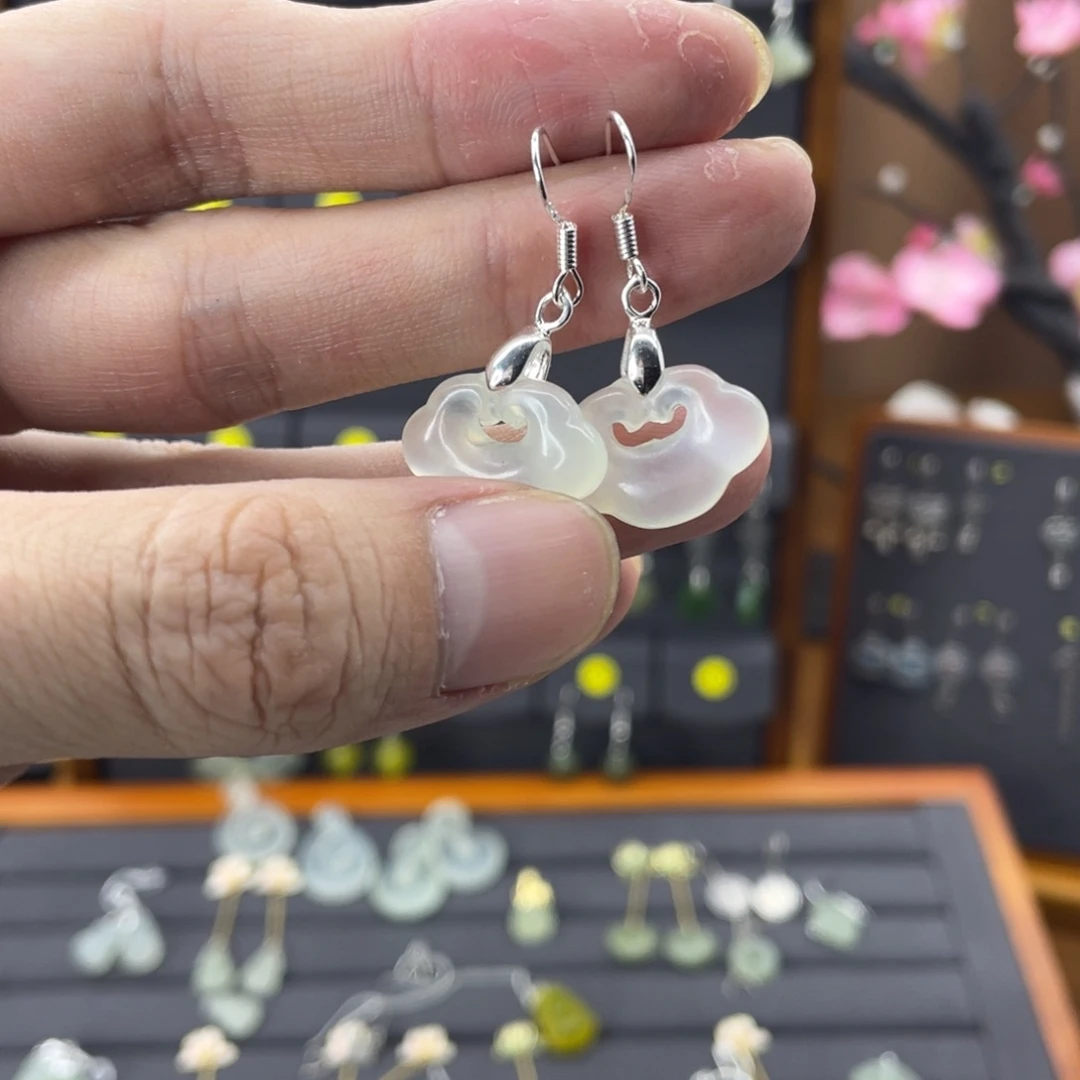 蛇纹石玉耳饰银S925镶嵌爱****胖