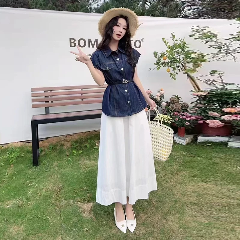 拉夏贝尔时尚牛仔套装裙女2025夏季新款韩版复古气质半身裙两件套