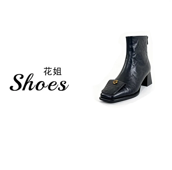 LC518-5秋冬黑色短靴女法式山茶花方头粗跟百搭骑士靴