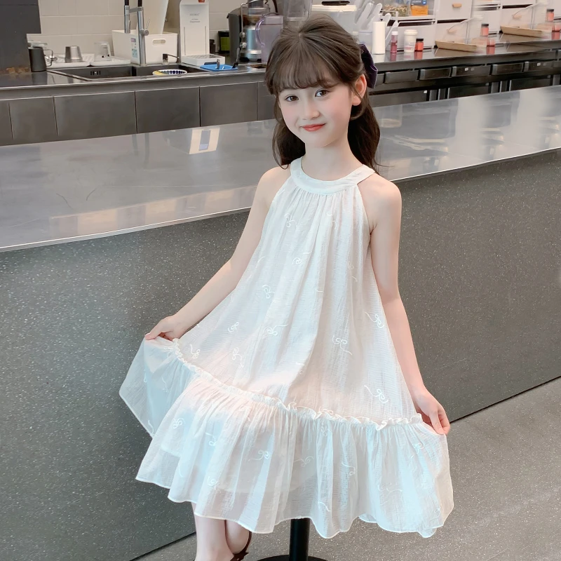 女童连衣裙夏装2025新款儿童洋气超好看挂脖白色公主裙女孩裙子