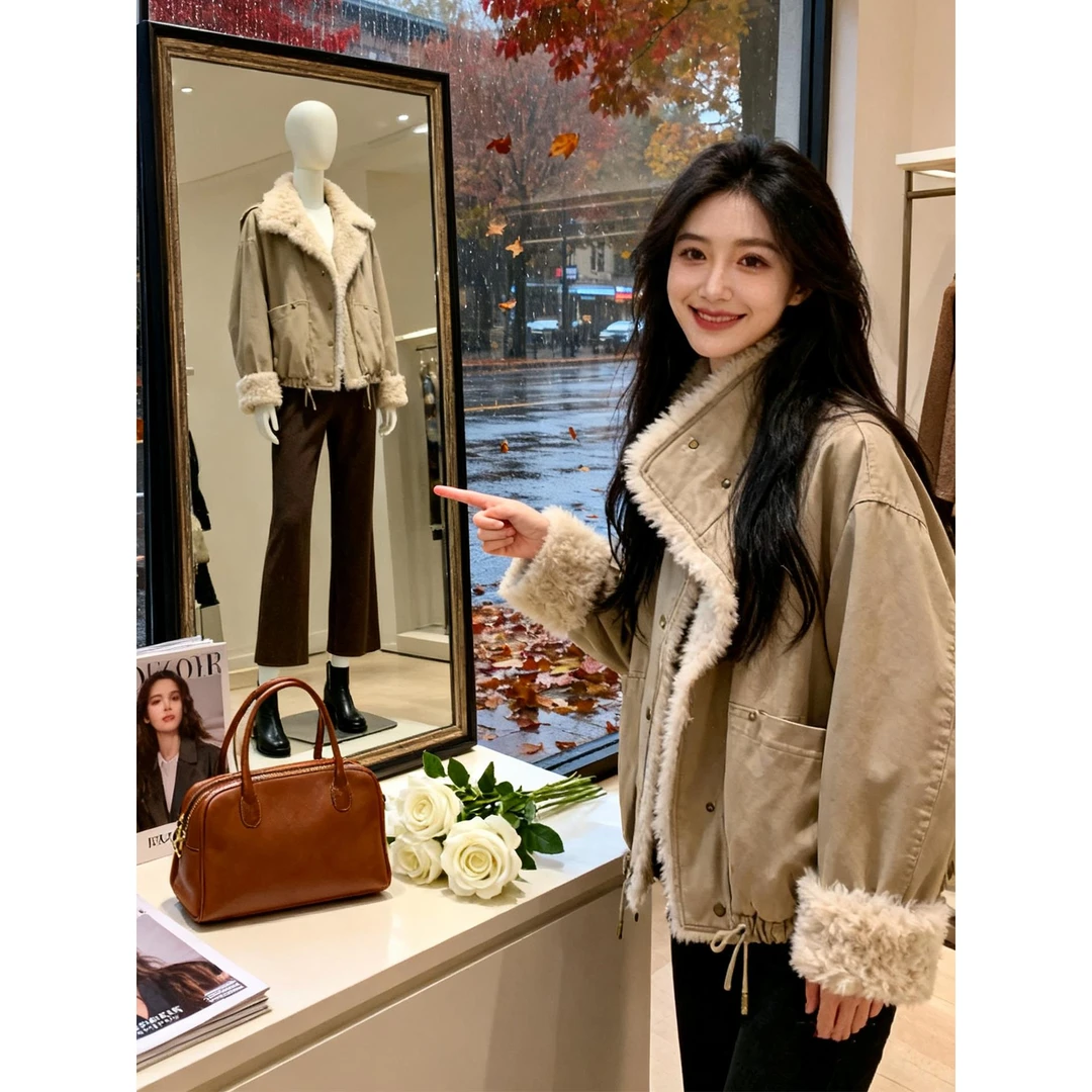 DUCURNO高级感卡其色短外套女冬季2026新款时尚气质加厚保暖上衣