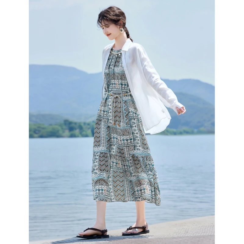 波西米亚度假风晕染连衣裙女夏季2025新款时尚A字印花雪纺裙无袖