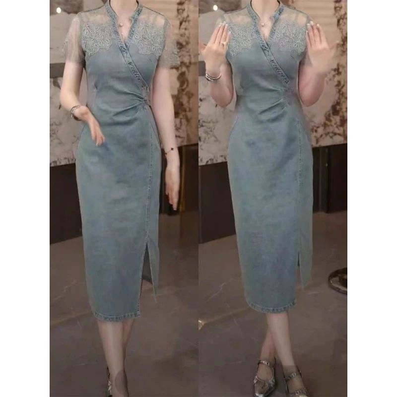 法式复古风气质设计感蕾丝拼接短袖连衣裙修身牛仔收腰开叉中长裙