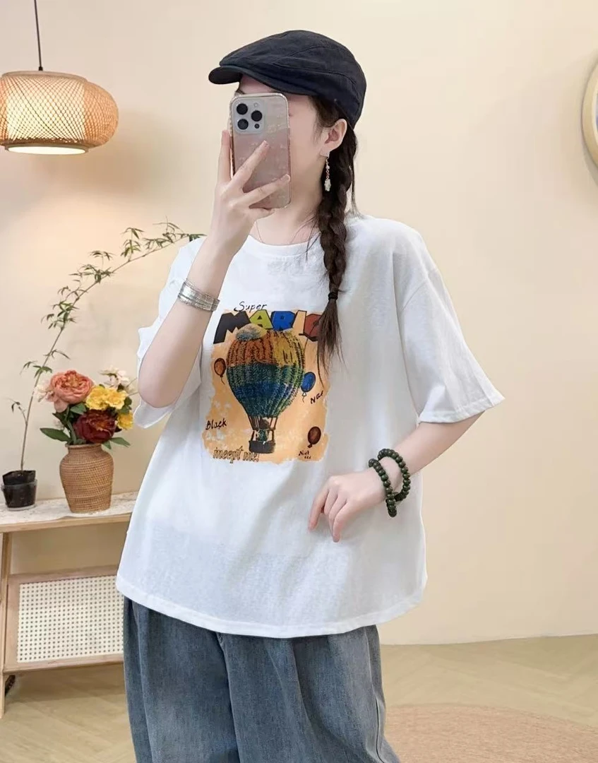 媄澜夏季新款雪花棉印花短袖T恤时尚宽松显瘦百搭母亲节洋气衣服