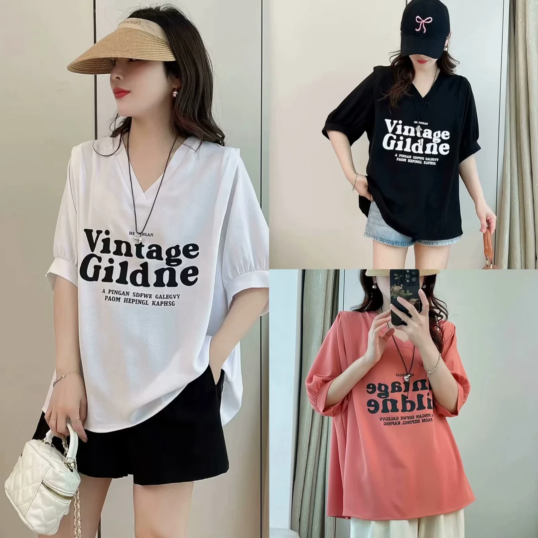 大码女装夏季后开叉宽松显瘦遮肉V领短袖T恤百搭减龄时尚半袖洋气