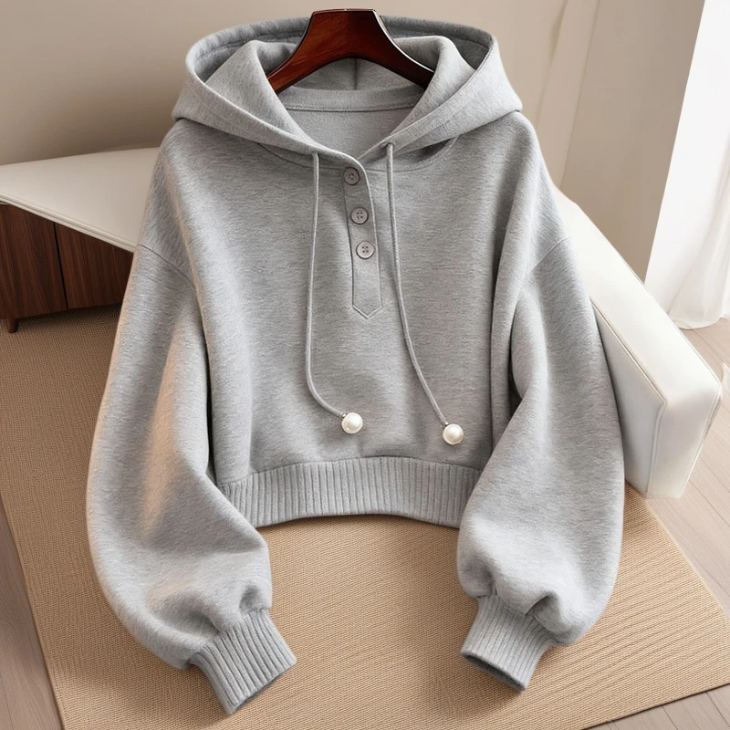秋季韩系小众独特洋气范儿连帽抽绳纯色系灰色卫衣舒适时尚慵懒风