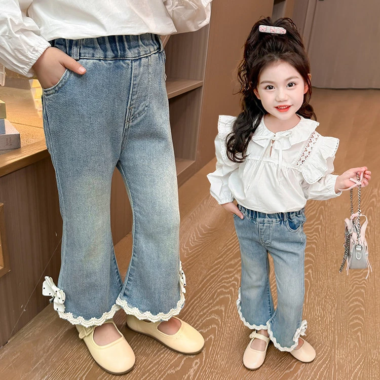 女童时尚春秋波点蝴蝶结牛仔喇叭裤