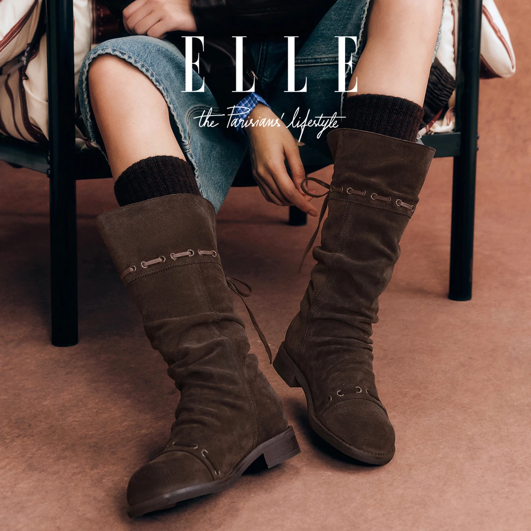 ELLE复古粗跟西部堆堆靴女2025冬季爆款可折叠两穿长靴高筒骑士靴