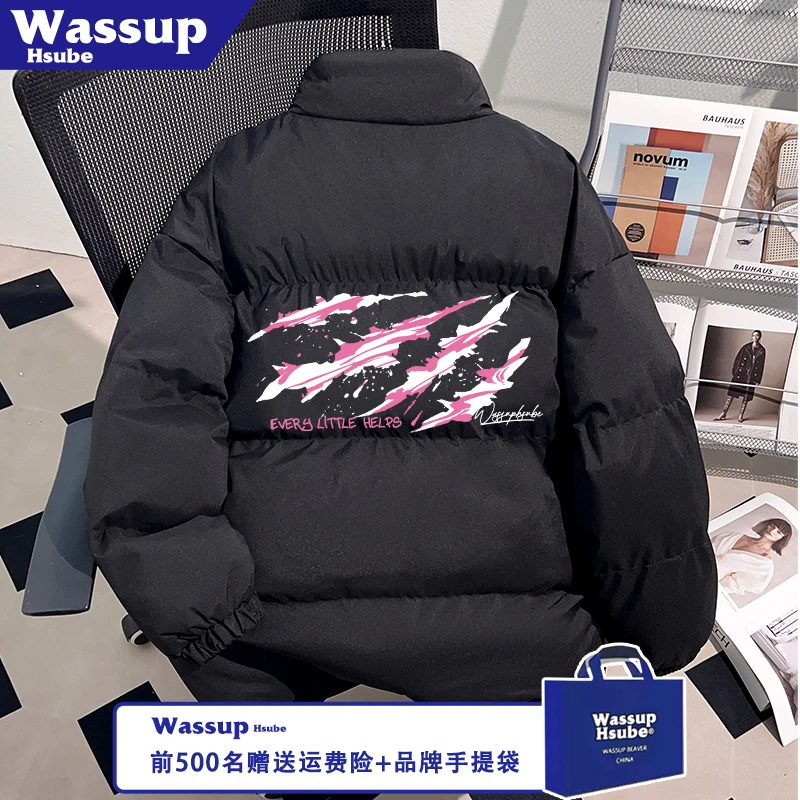 WASSUP HSUBE秋冬拉链设计感创意印花加厚黑色外套保暖男潮流棉服