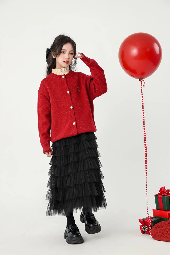 年服女大童秋冬亮晶晶针织开衫外套贺岁服外穿毛衣-HTZ83056